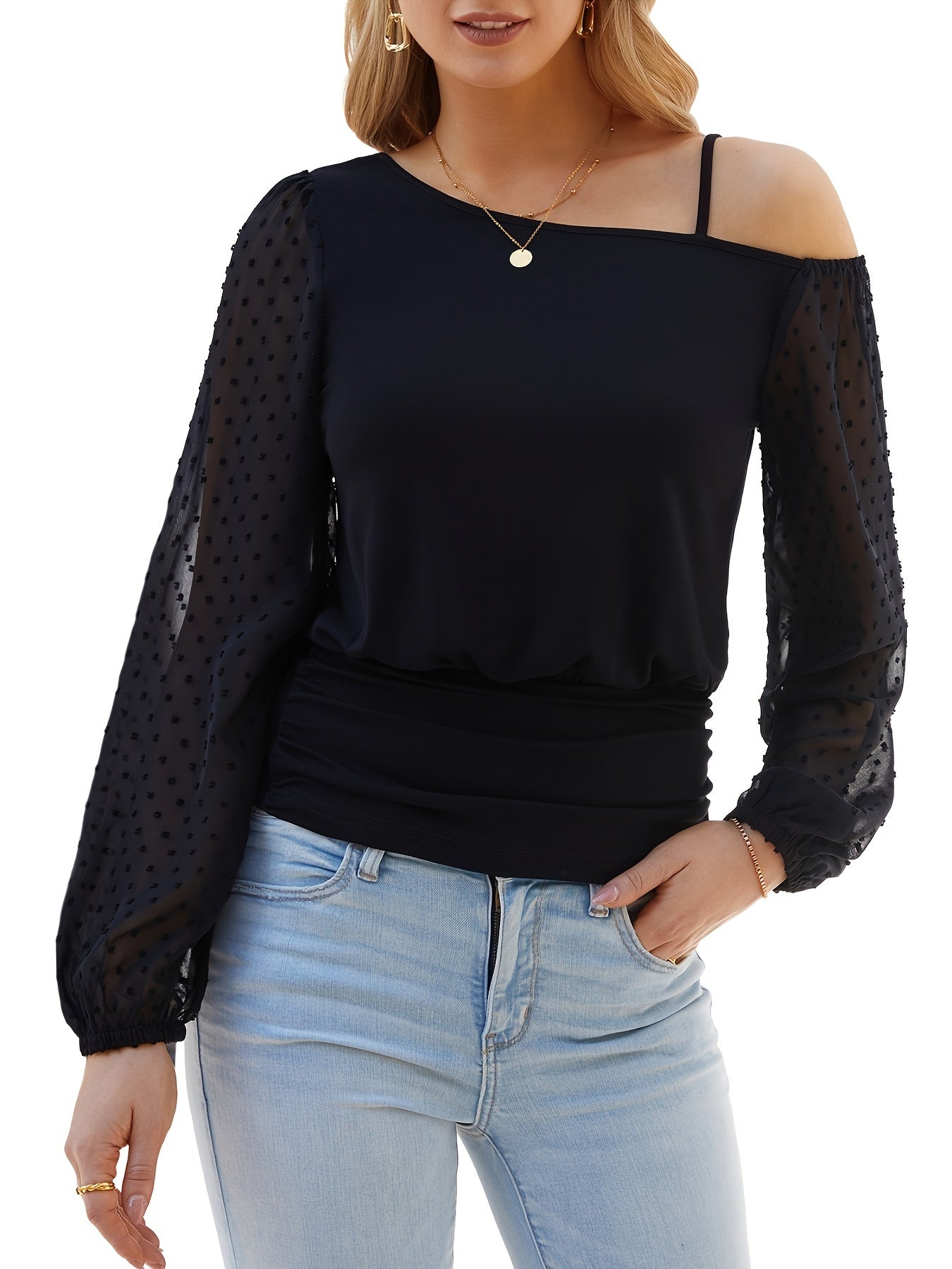 Cold Shoulder Tops Swiss Dot Mesh Lantern Long Sleeve Shirt Banded Bottom Tshirt Elegant Evening Party Going Out Blouse