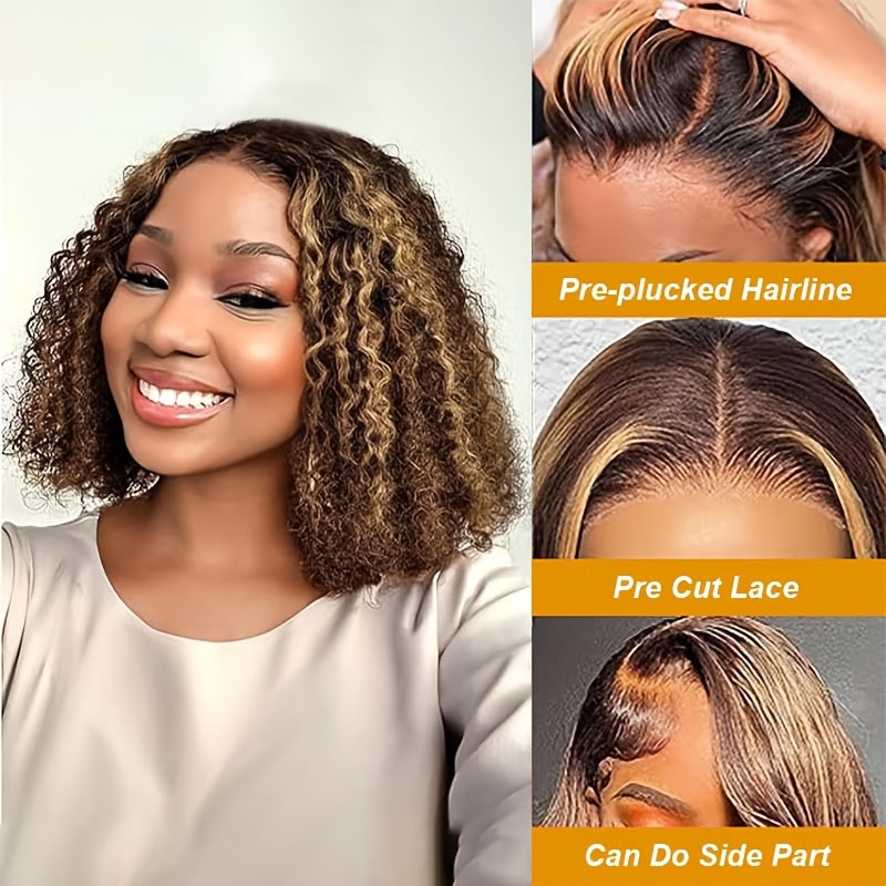 -Looking Human Hair Wig with 150% Density - Deep Wave/curly Bob with 13x4 Lace Front, Ombre Hair Color ( to Dark) | for all Light Beige Tones | Christmas Weddings Photoshoots | Suitable for all ethnic