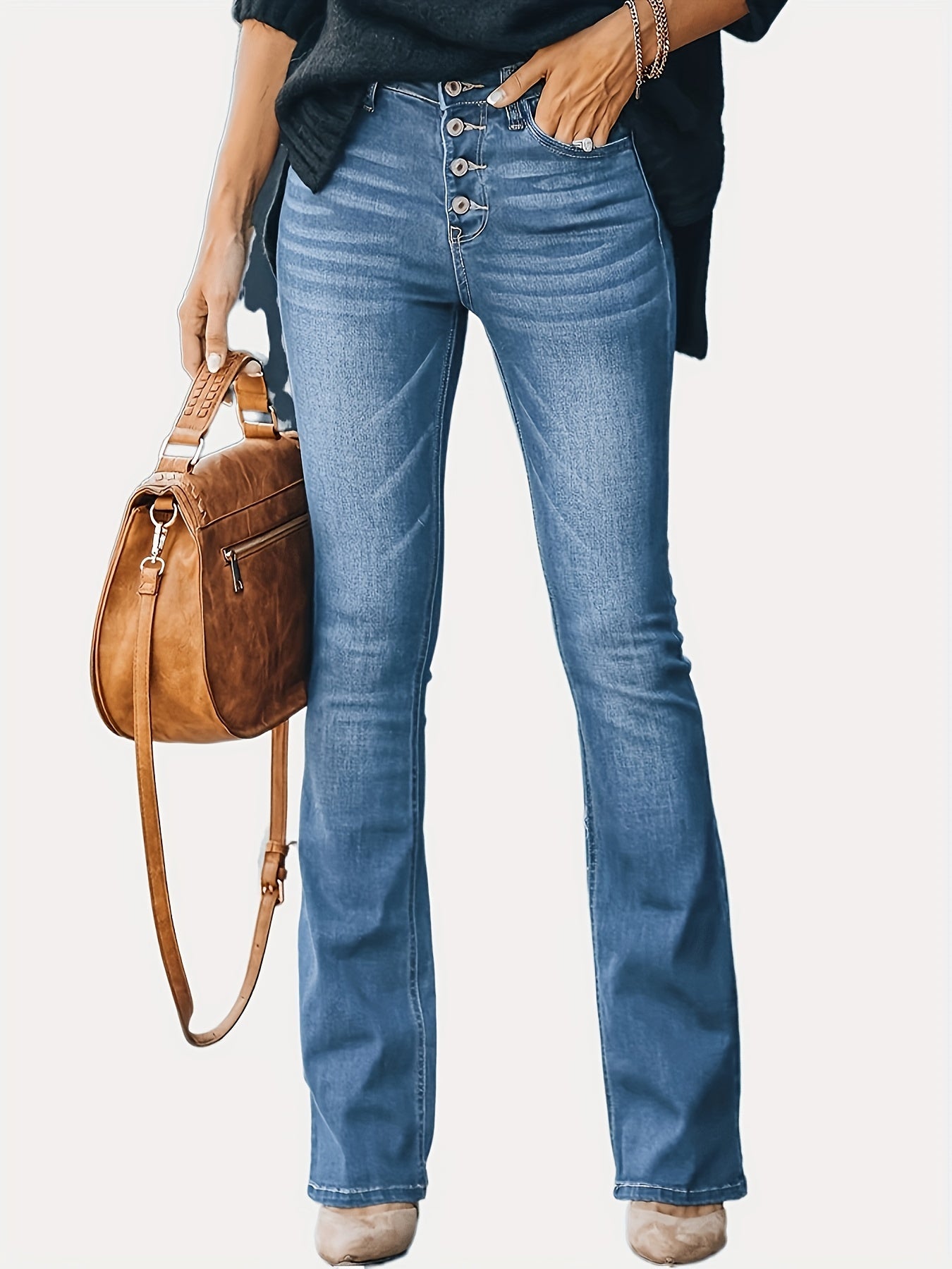Chic Bootcut Stretch Denim Jeans - Dark Blue, All-Season Streetwear with Easy-Care and Comfort Fit