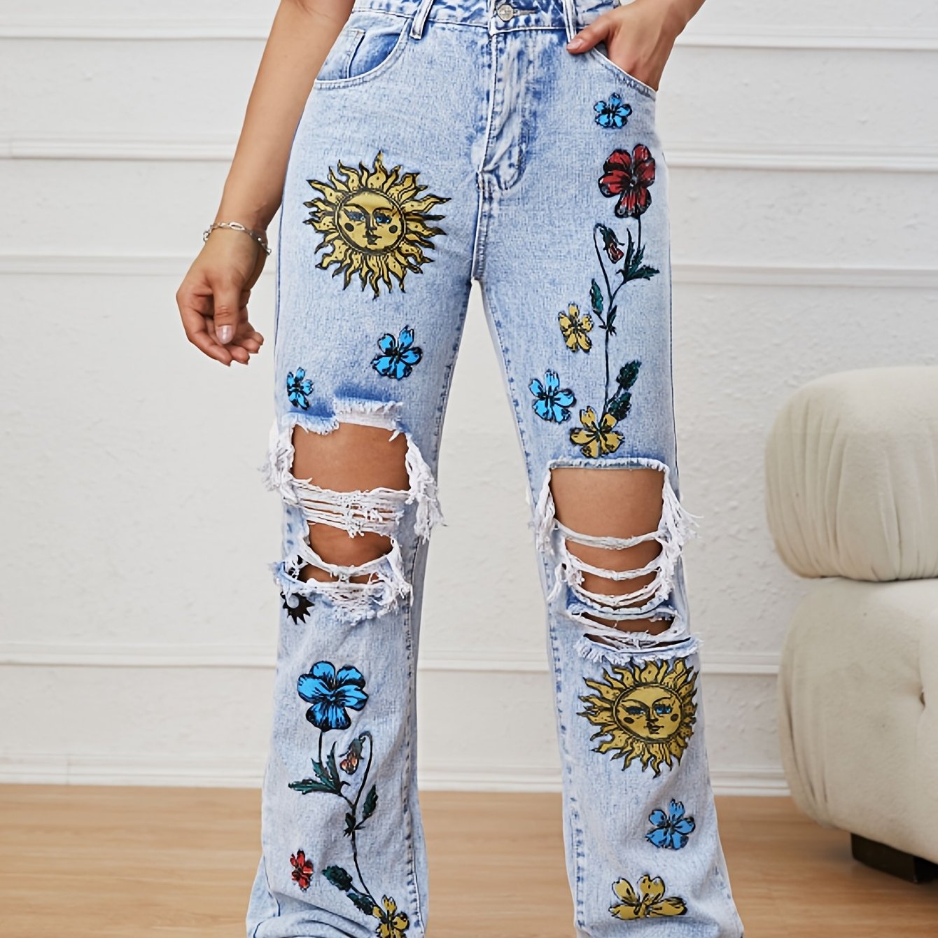 Chic Floral High-Waist Ripped Jeans - Distressed Straight Fit Denim with Pockets for Casual Spring to Fall Wear