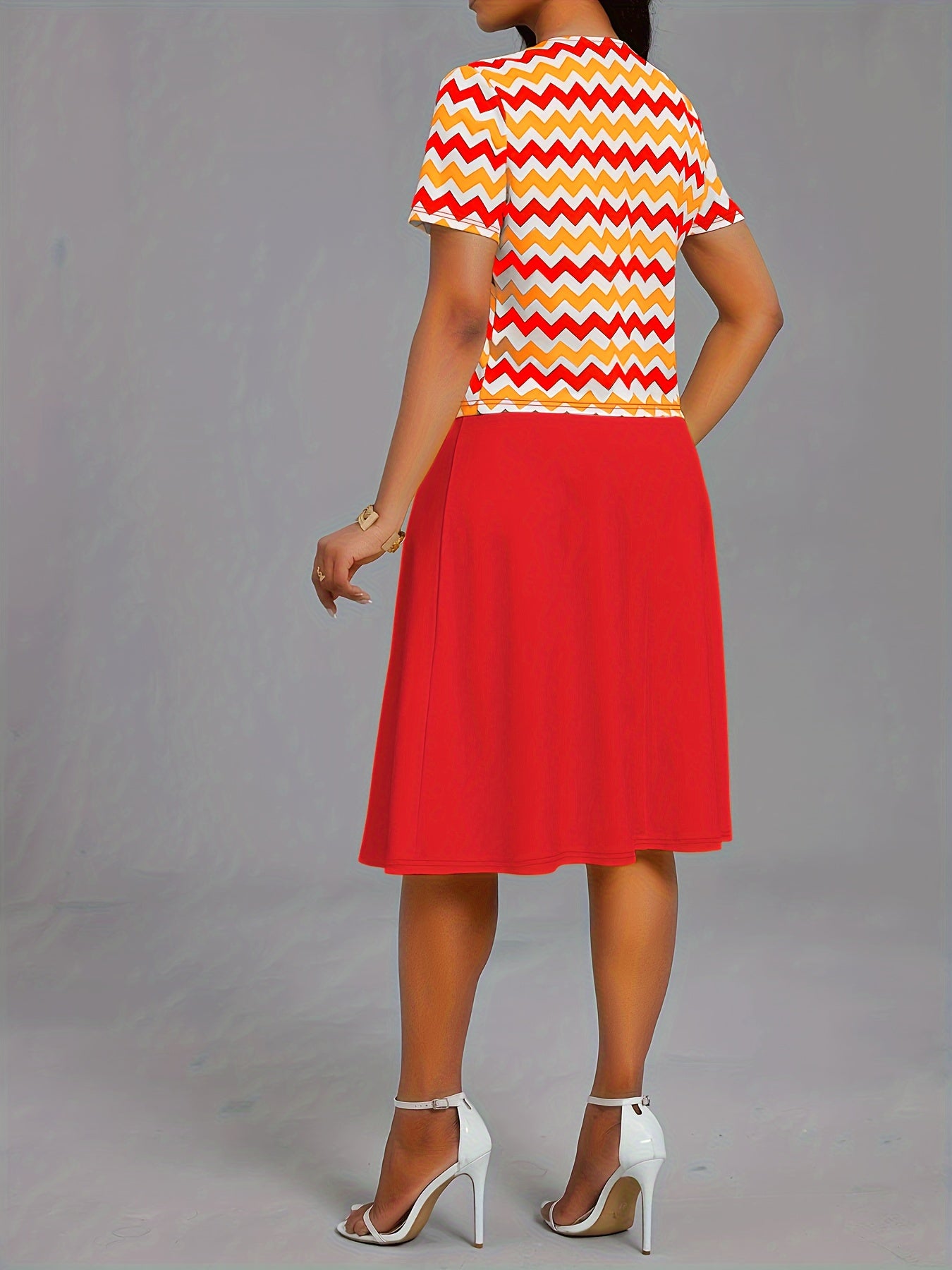 Chic Spring & Summer Dress Set - Stylish Wave Pattern Open Front Cardigan & Soft Solid Color Crew Neck Dress Outfit - Perfect for Casual Elegance