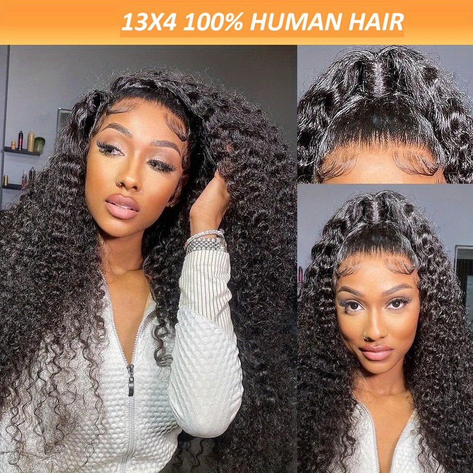200% Density Human Hair Wig - Long Deep Wave & Curly Style - 13x4 Lace Front with Natural Hairline, Baby Hair & Pre-Plucked for Ultra Realism