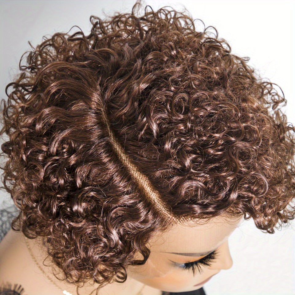 RebeccaQ Short Curly Human Hair Wig, Pre-Plucked 13x6x1 Lace Frontal, Brown Pixie Curl for Women, 130% Density