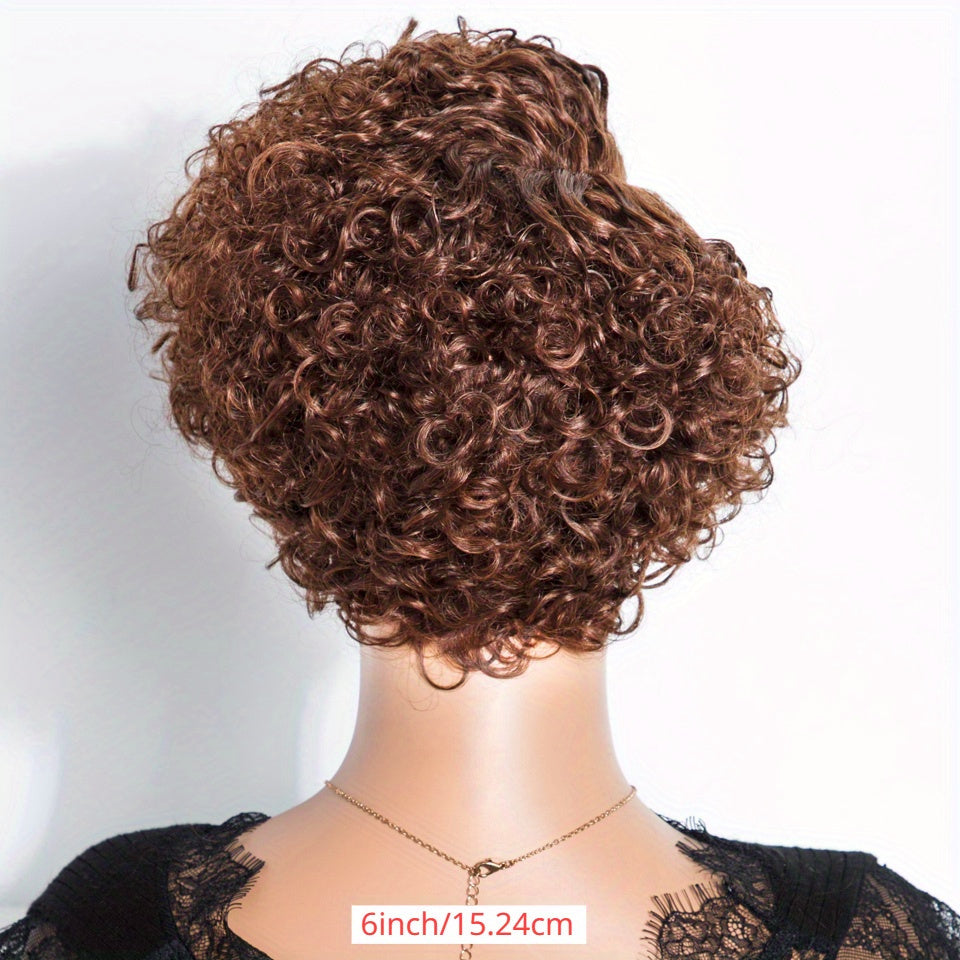 RebeccaQ Short Curly Human Hair Wig, Pre-Plucked 13x6x1 Lace Frontal, Brown Pixie Curl for Women, 130% Density