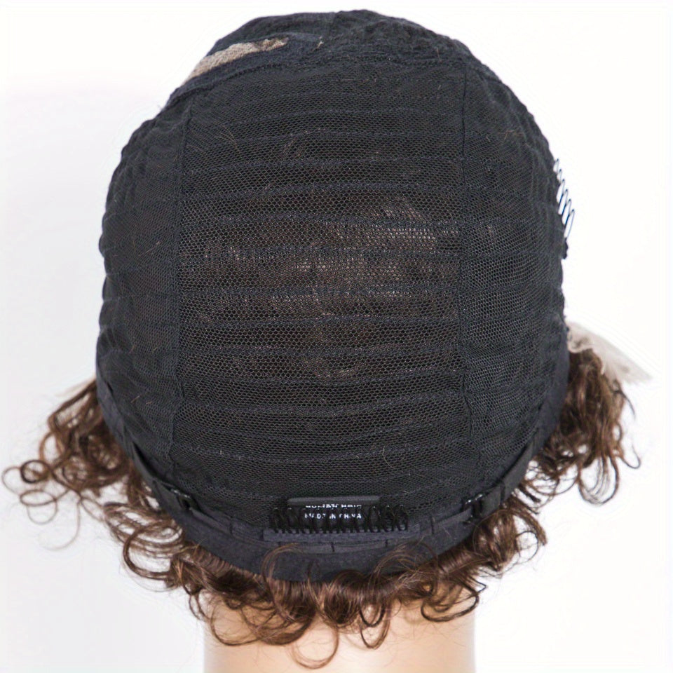 RebeccaQ Short Curly Human Hair Wig, Pre-Plucked 13x6x1 Lace Frontal, Brown Pixie Curl for Women, 130% Density