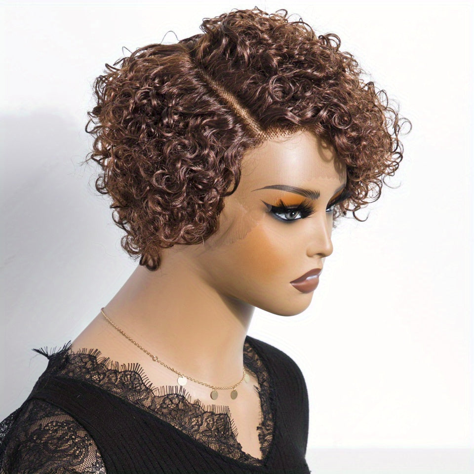 RebeccaQ Short Curly Human Hair Wig, Pre-Plucked 13x6x1 Lace Frontal, Brown Pixie Curl for Women, 130% Density