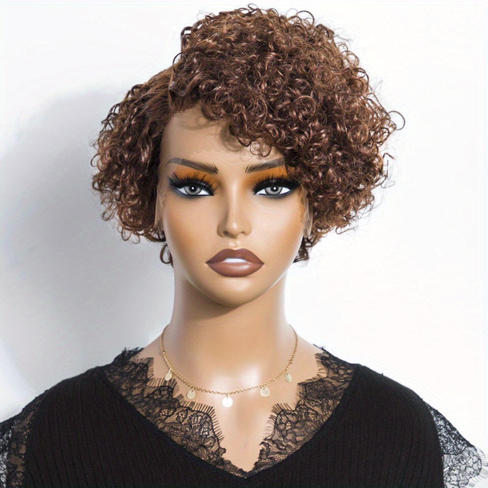 RebeccaQ Short Curly Human Hair Wig, Pre-Plucked 13x6x1 Lace Frontal, Brown Pixie Curl for Women, 130% Density