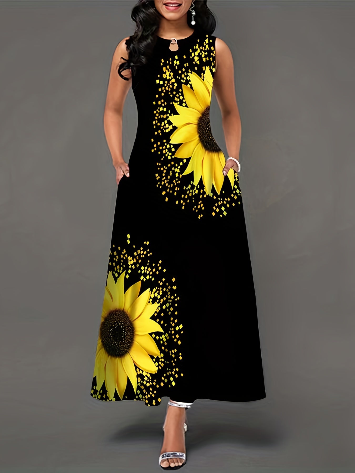 [Casual Keyhole Dress] Elegant Casual Sunflower Print Keyhole Dress | Women's Maxi Sleeveless Crew Neck Dress With Pocket