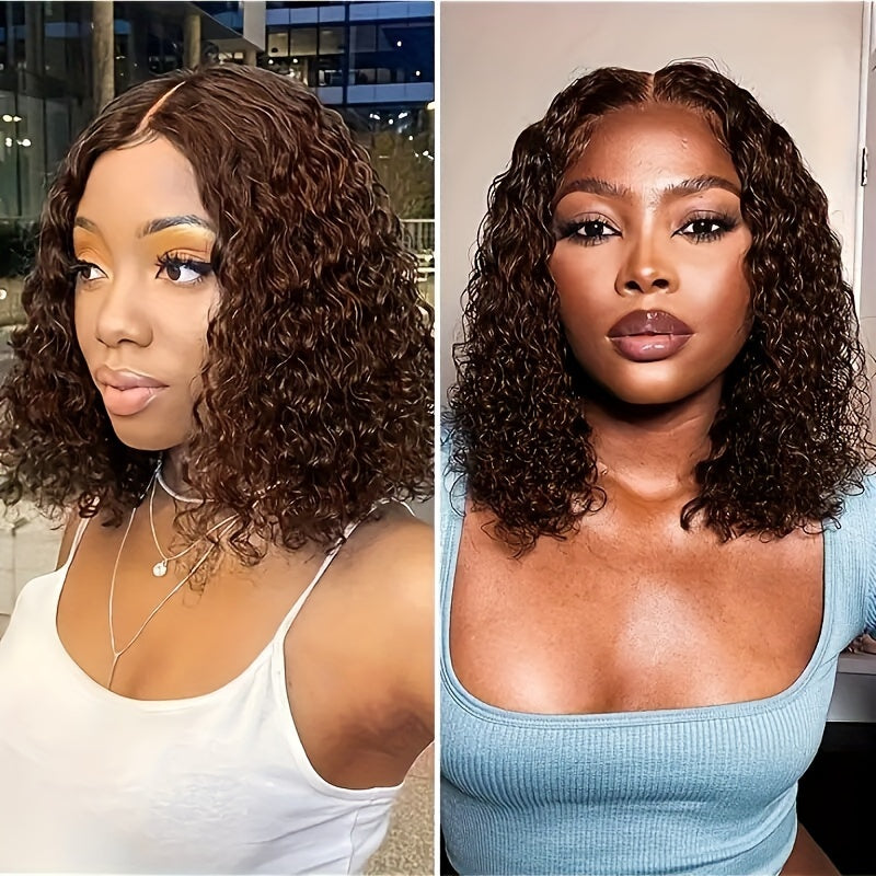 #4 Water Wave Wig Human Hair 150% Density Light Brown Short Bob Wig Full Machine Made Wig Non Lace Remy Hair For Woman Brazilian Human Hair Wig