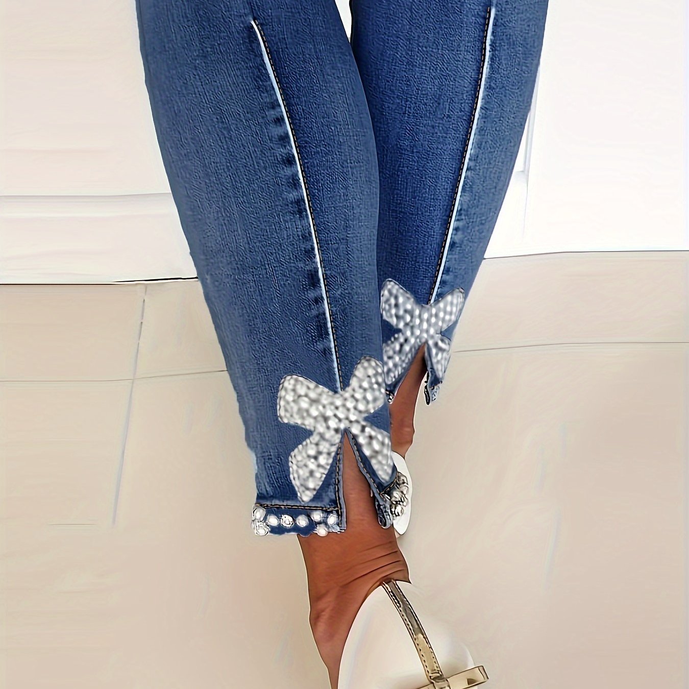 Blue High-Stretch Skinny Jeans, Faux Pearl Decor Slim Fit Split Denim Pants, Women's Denim Jeans & Clothing