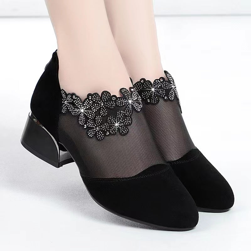 Women's Flower Rhinestone Mesh Block Heels, Fashion Back Zipper Solid, Versatile Dress Low Heels