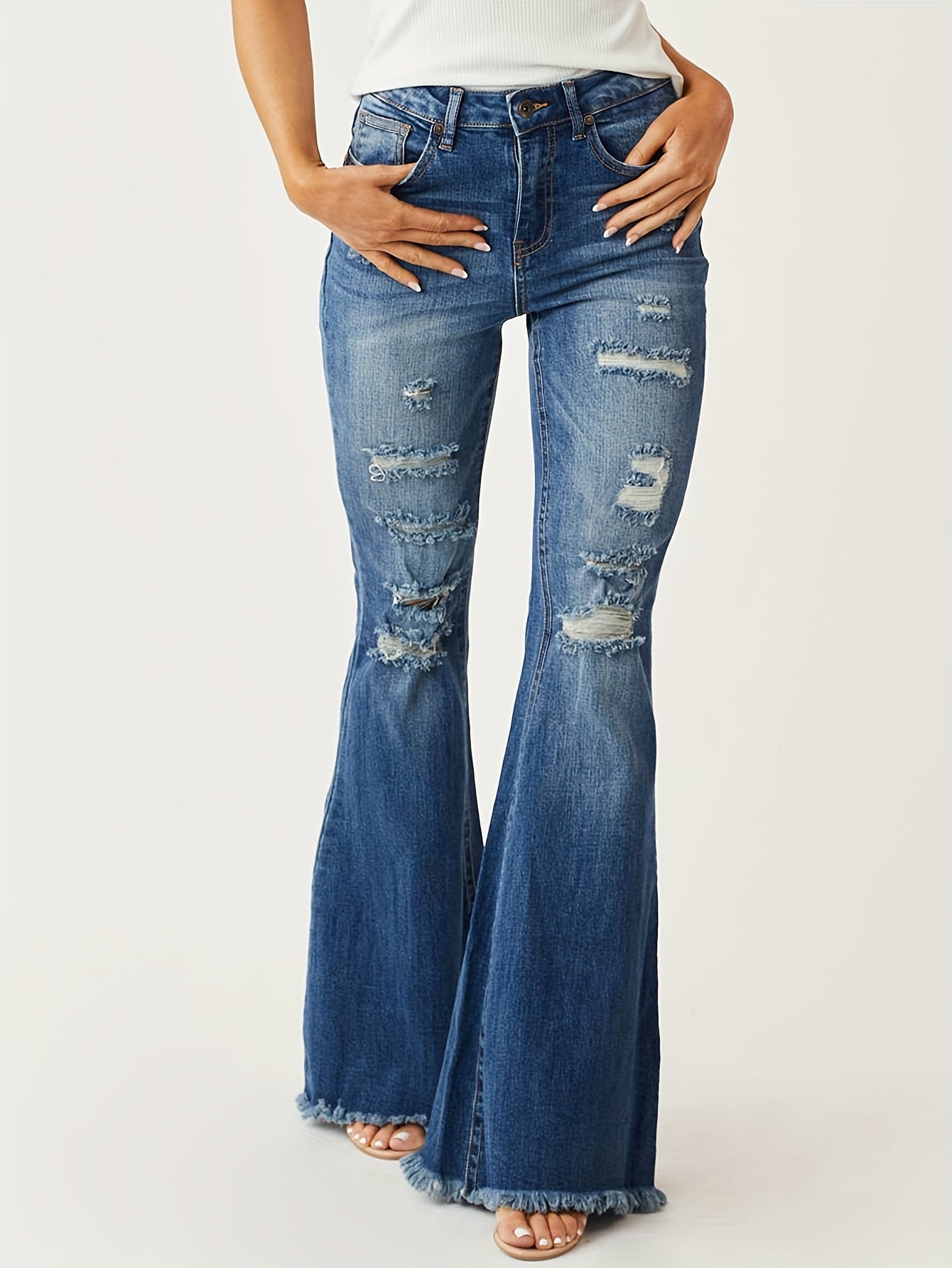 Fashionable Flared Leg Jeans - Ripped Detail & Raw Hem - Vintage Casual Style for Women