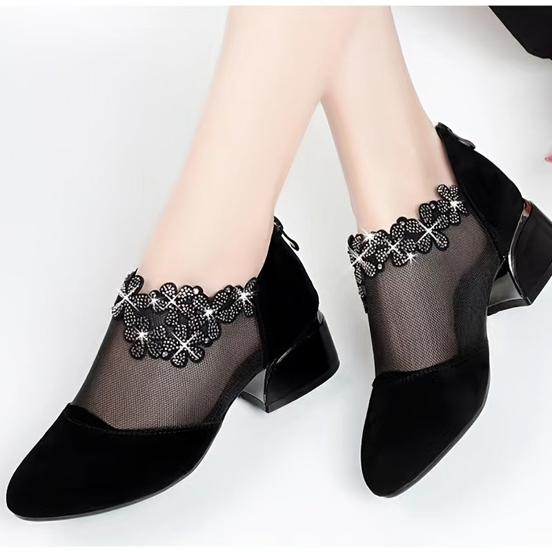 Women's Flower Rhinestone Mesh Block Heels, Fashion Back Zipper Solid, Versatile Dress Low Heels