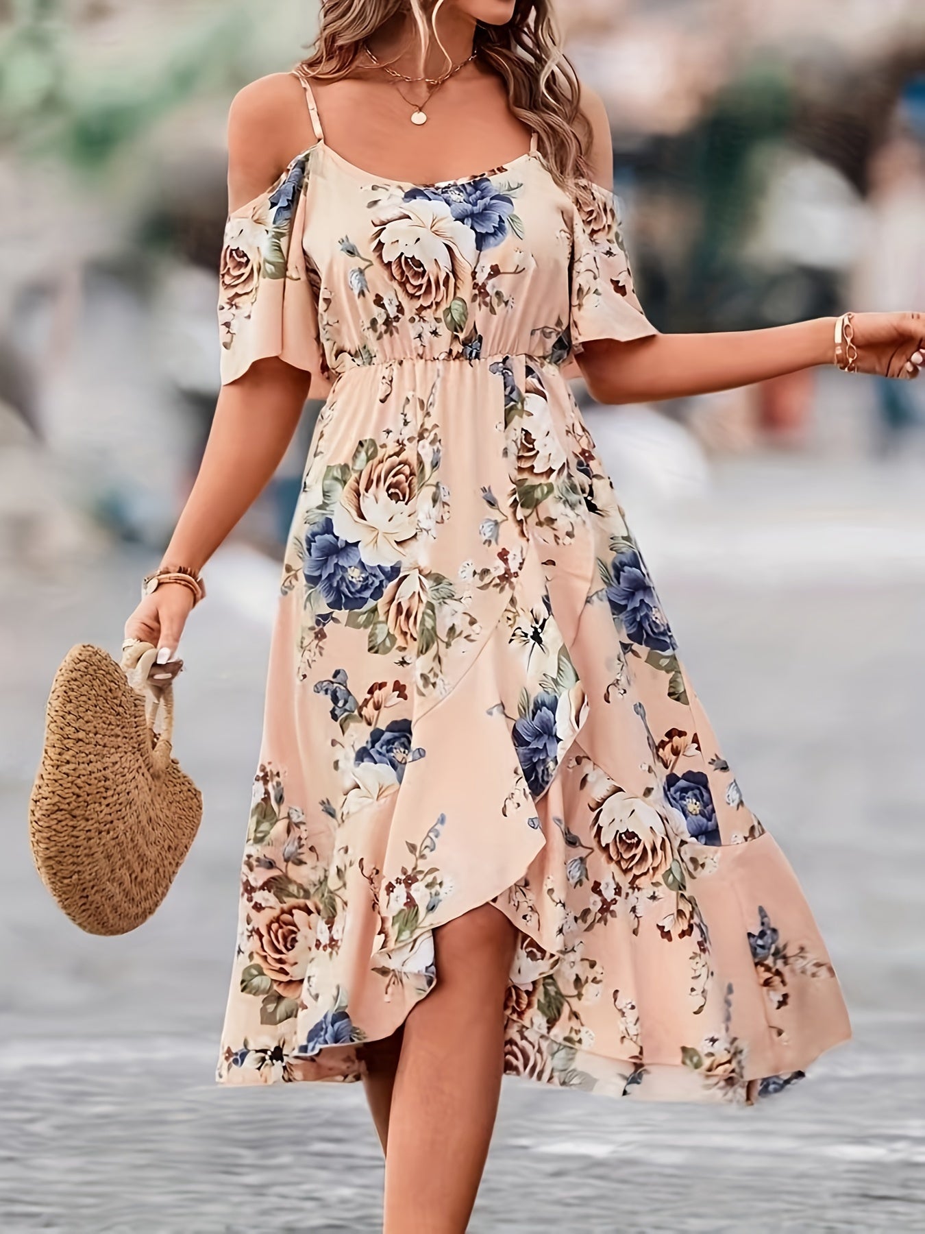 1pc Women'S Elegant Floral Print Ruffle Dress, 100% Polyester Strapless Fit and Flare Summer Dress with Woven Detail for Adult