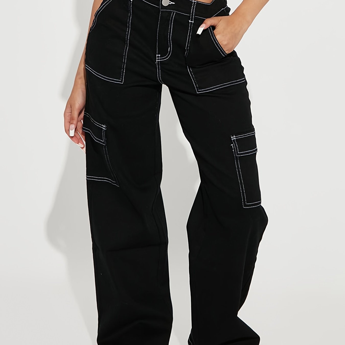 Y2K Kpop-Inspired Women’s Cargo Denim Jeans - Black with Striking White Contrast Seams, Multi-Pocket Design - Zipper & Button Closure, Comfortable & Trendy for Casual Outings