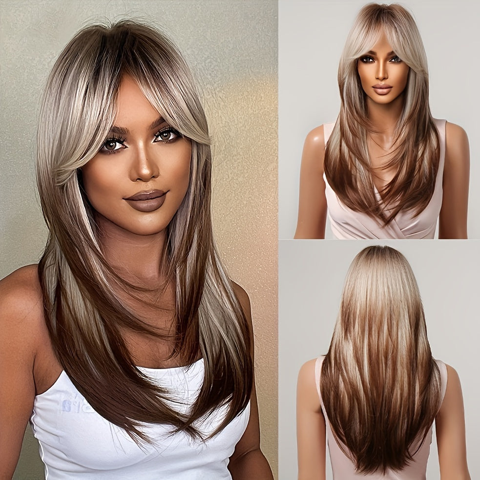 Gradient color wig, figure bangs, medium long straight hair wig for women