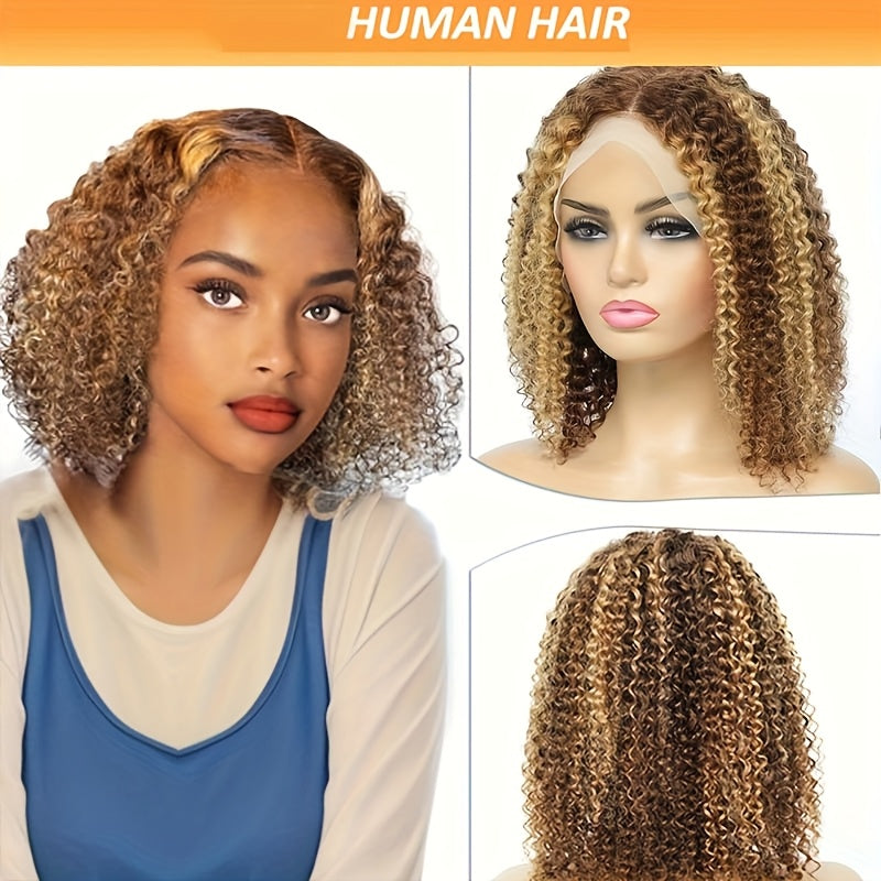 -Looking Human Hair Wig with 150% Density - Deep Wave/curly Bob with 13x4 Lace Front, Ombre Hair Color ( to Dark) | for all Light Beige Tones | Christmas Weddings Photoshoots | Suitable for all ethnic