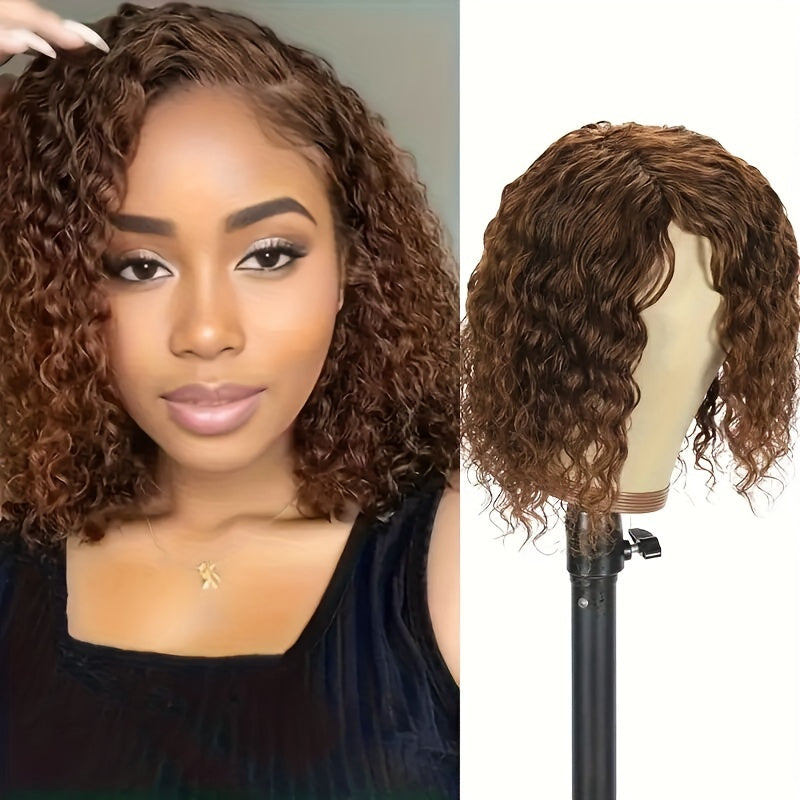 #4 Water Wave Wig Human Hair 150% Density Light Brown Short Bob Wig Full Machine Made Wig Non Lace Remy Hair For Woman Brazilian Human Hair Wig