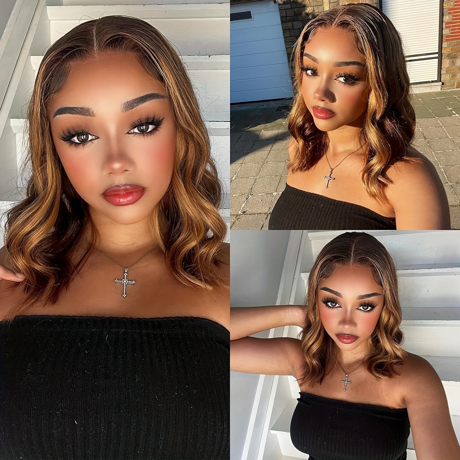 14" Ombre Body Wave Bob Lace Front Wig - 4x4 Highlighted Human Hair, 180% Density with Baby Hair, Elegant Short Wavy Style for Women, Natural Brown to Blonde Gradient, Perfect for Everyday or Special Occasions, Versatile Hair