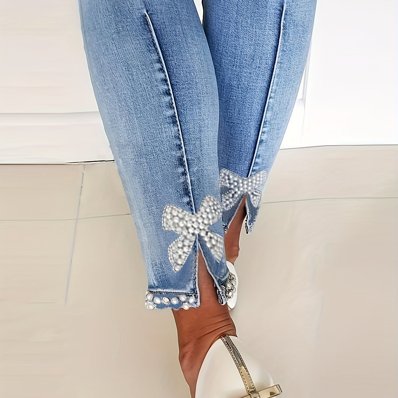Blue High-Stretch Skinny Jeans, Faux Pearl Decor Slim Fit Split Denim Pants, Women's Denim Jeans & Clothing