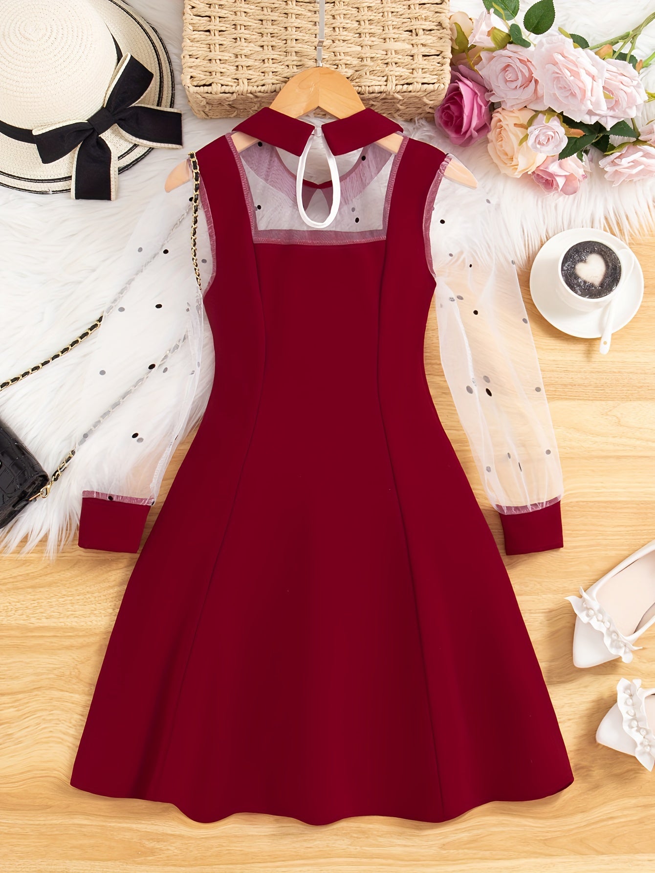 Midi Length Elegant Girls Long Sleeve Summer Dress - Lapel Collared, Mesh Panel, Flared Hem, Non-Stretch Polyester, Solid Color, Regular Fit - Perfect for Teenagers