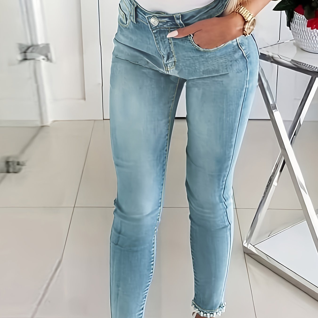 Blue High-Stretch Skinny Jeans, Faux Pearl Decor Slim Fit Split Denim Pants, Women's Denim Jeans & Clothing