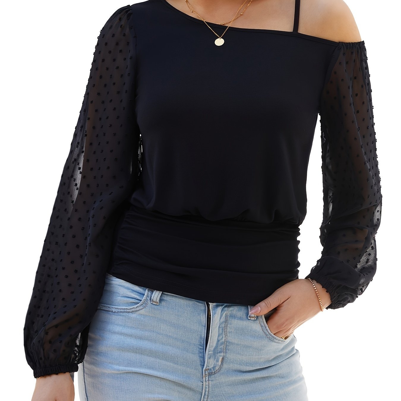 Cold Shoulder Tops Swiss Dot Mesh Lantern Long Sleeve Shirt Banded Bottom Tshirt Elegant Evening Party Going Out Blouse