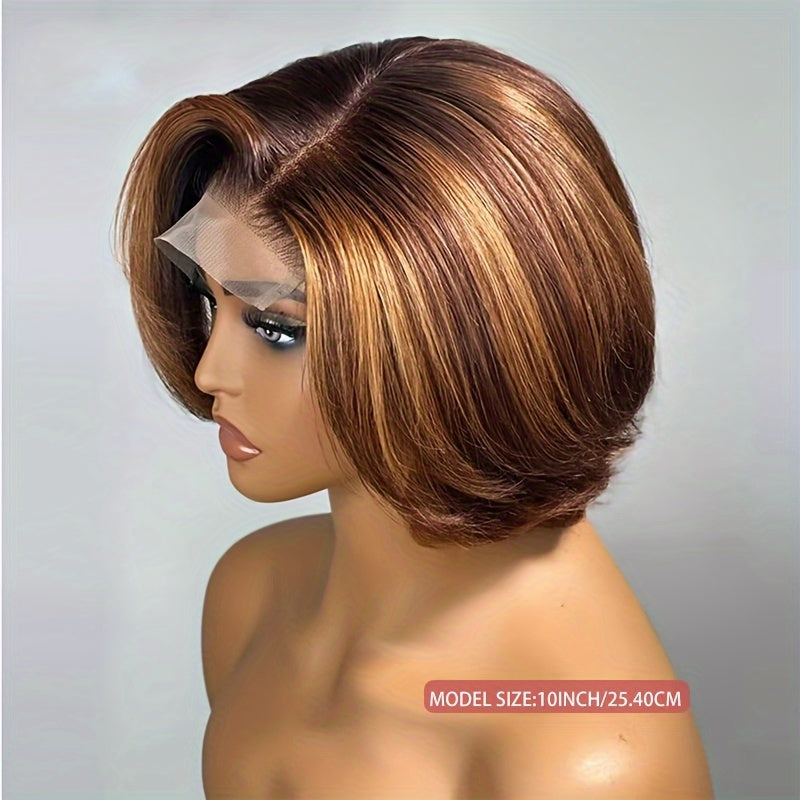 14" Ombre Body Wave Bob Lace Front Wig - 4x4 Highlighted Human Hair, 180% Density with Baby Hair, Elegant Short Wavy Style for Women, Natural Brown to Blonde Gradient, Perfect for Everyday or Special Occasions, Versatile Hair