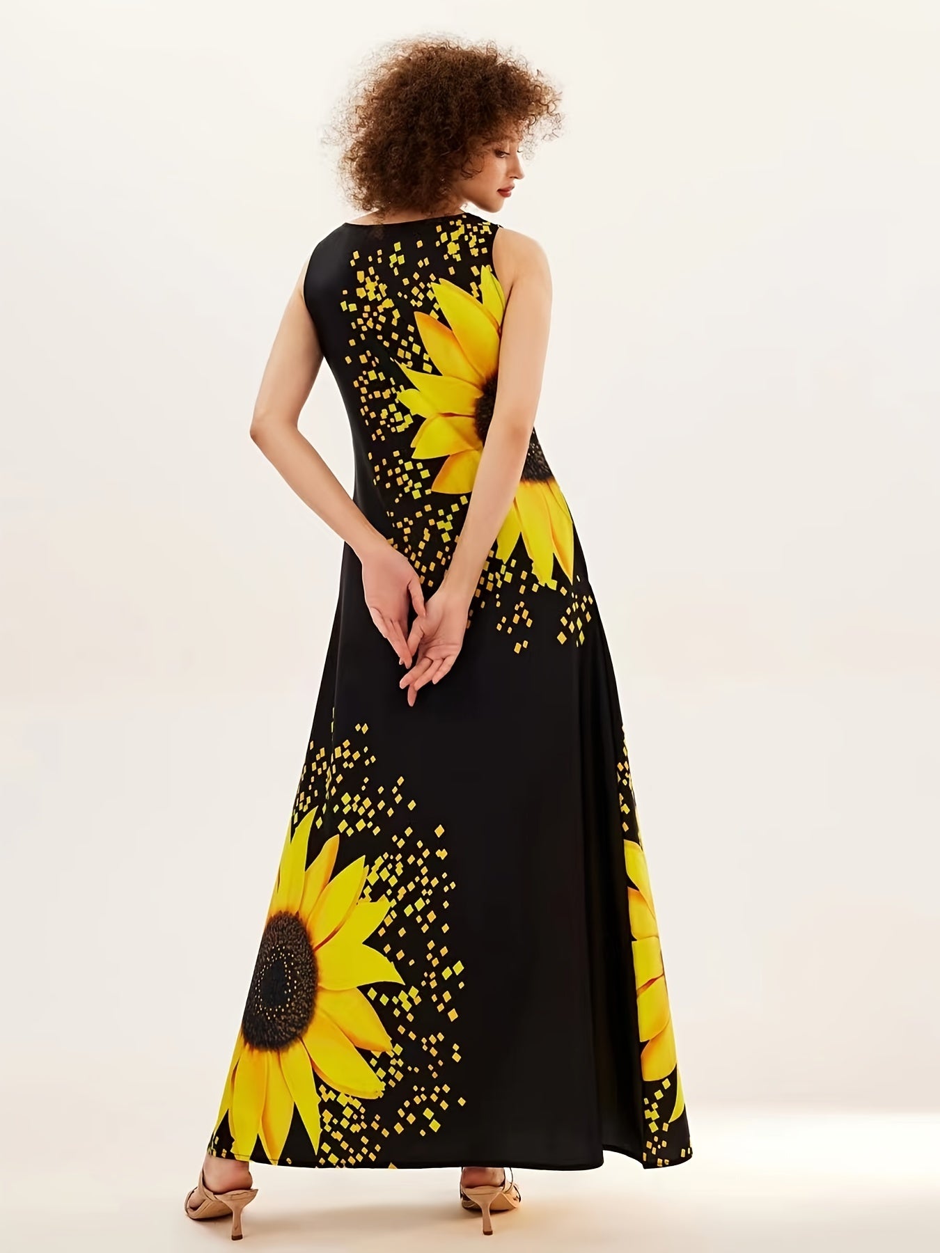 [Casual Keyhole Dress] Elegant Casual Sunflower Print Keyhole Dress | Women's Maxi Sleeveless Crew Neck Dress With Pocket