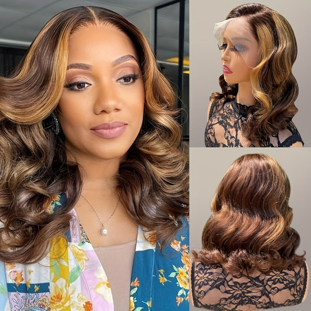 14" Ombre Body Wave Bob Lace Front Wig - 4x4 Highlighted Human Hair, 180% Density with Baby Hair, Elegant Short Wavy Style for Women, Natural Brown to Blonde Gradient, Perfect for Everyday or Special Occasions, Versatile Hair