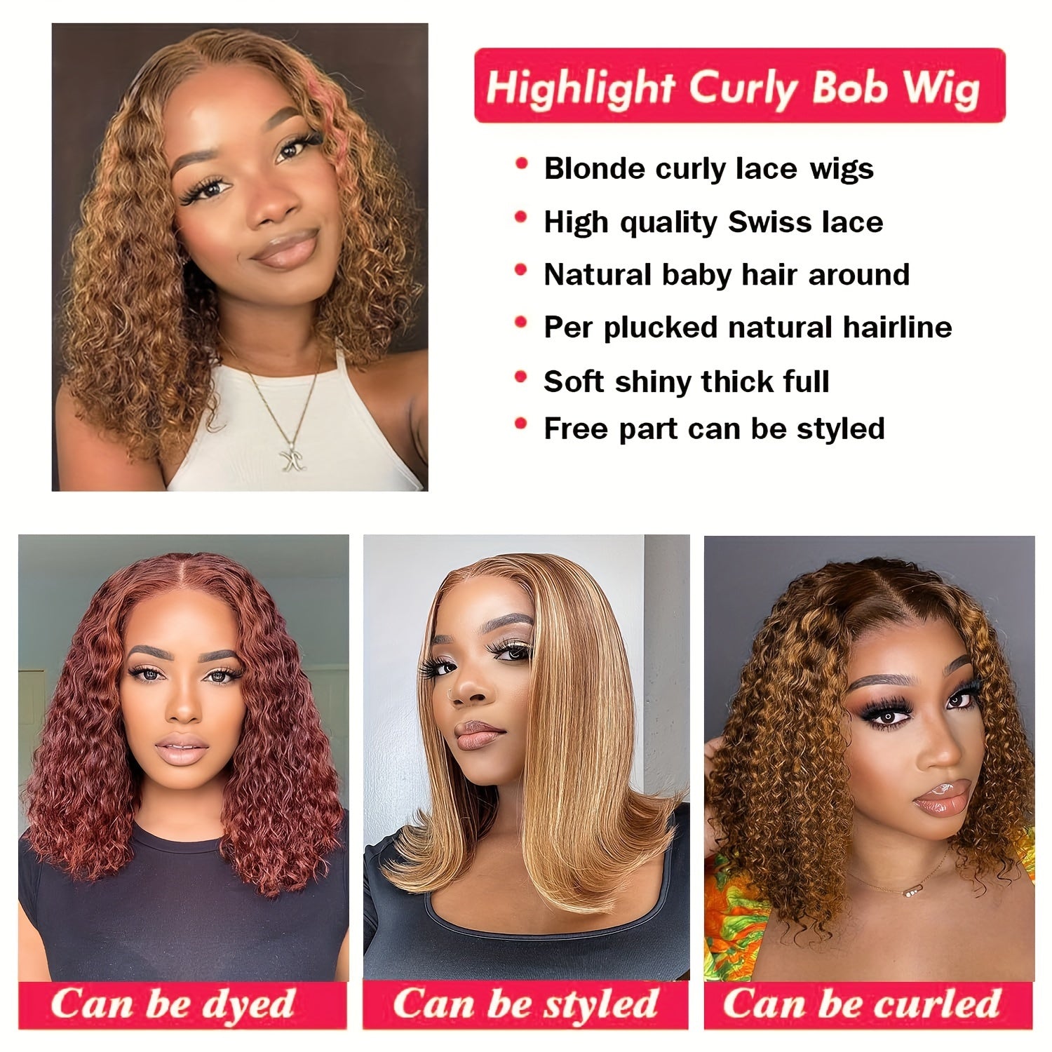 -Looking Human Hair Wig with 150% Density - Deep Wave/curly Bob with 13x4 Lace Front, Ombre Hair Color ( to Dark) | for all Light Beige Tones | Christmas Weddings Photoshoots | Suitable for all ethnic