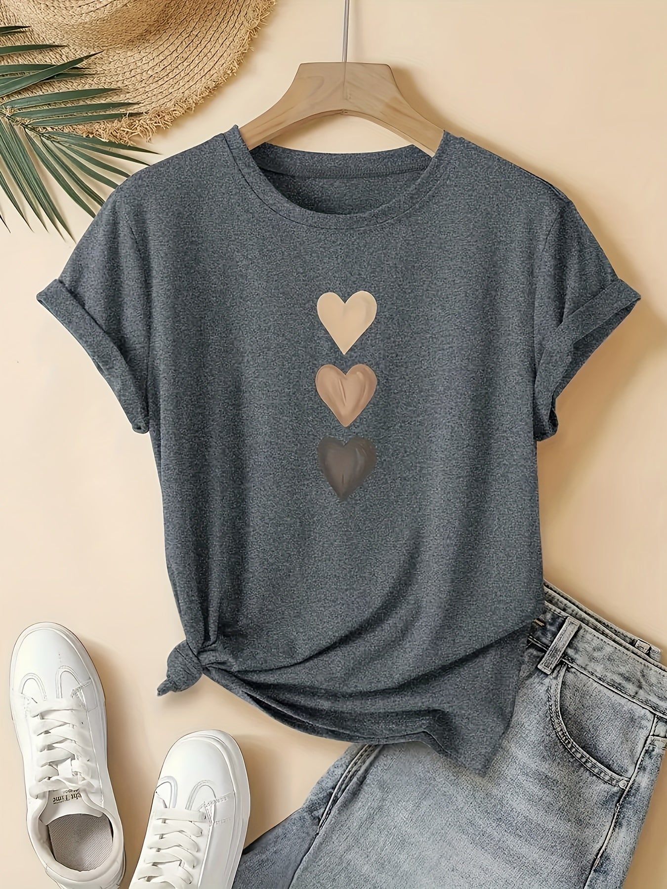 Women's Casual Heart Print T-Shirt - Lightweight Crew Neck Short Sleeve Top with Stylish Gradient Design, Perfect for Spring & Summer Wardrobe, Everyday Fashion | Heart Pattern Tee | Polyester Spandex Blend, Heart Tshirt