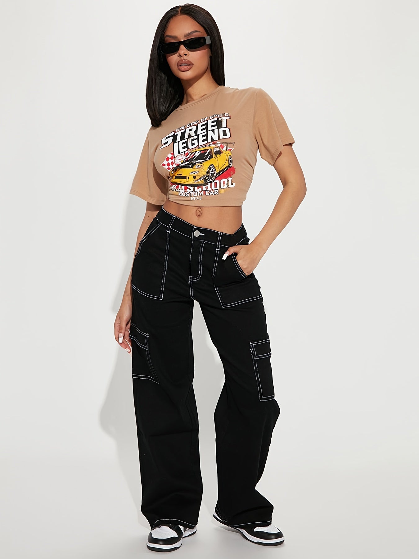 Y2K Kpop-Inspired Women’s Cargo Denim Jeans - Black with Striking White Contrast Seams, Multi-Pocket Design - Zipper & Button Closure, Comfortable & Trendy for Casual Outings