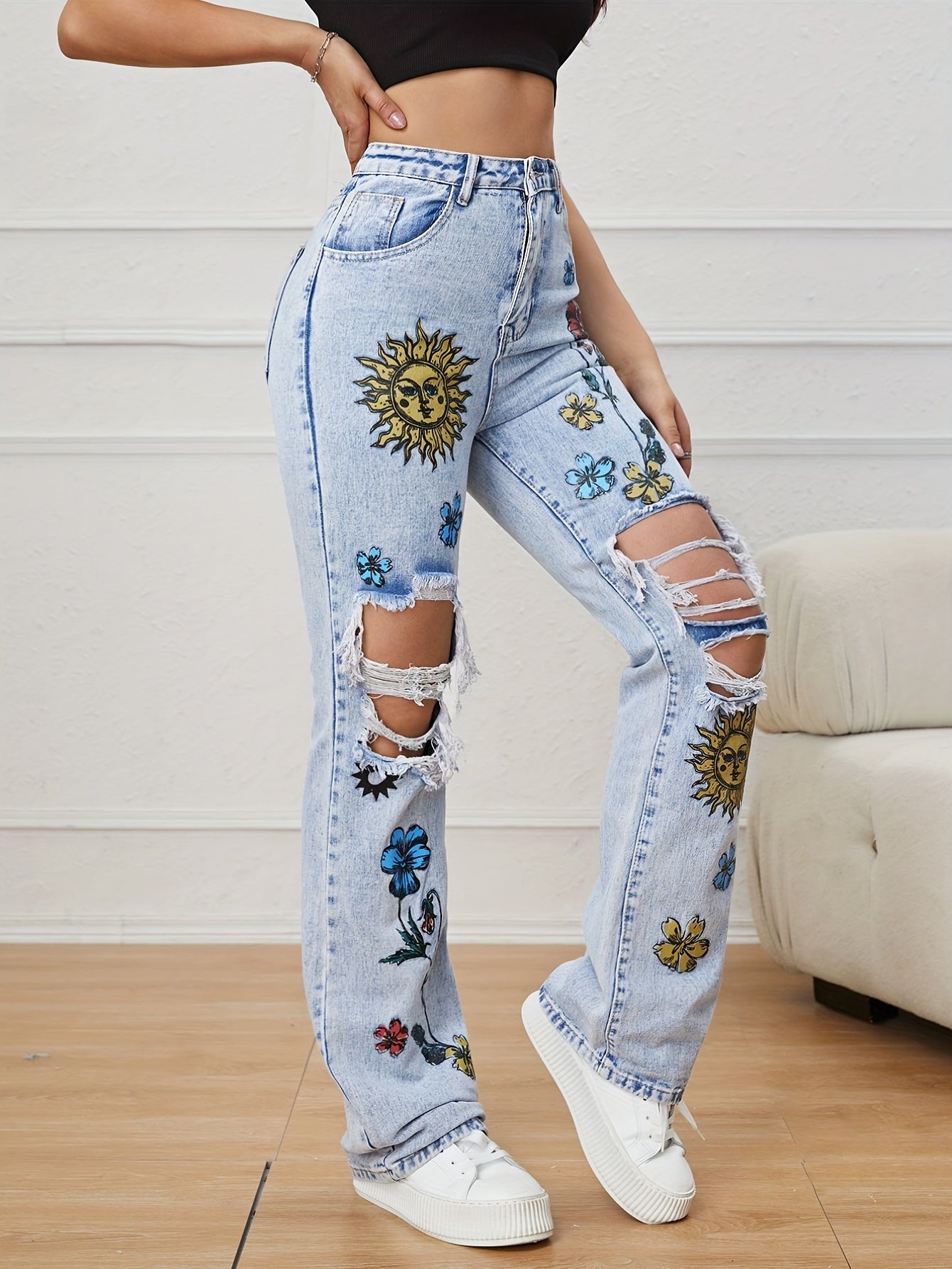 Chic Floral High-Waist Ripped Jeans - Distressed Straight Fit Denim with Pockets for Casual Spring to Fall Wear