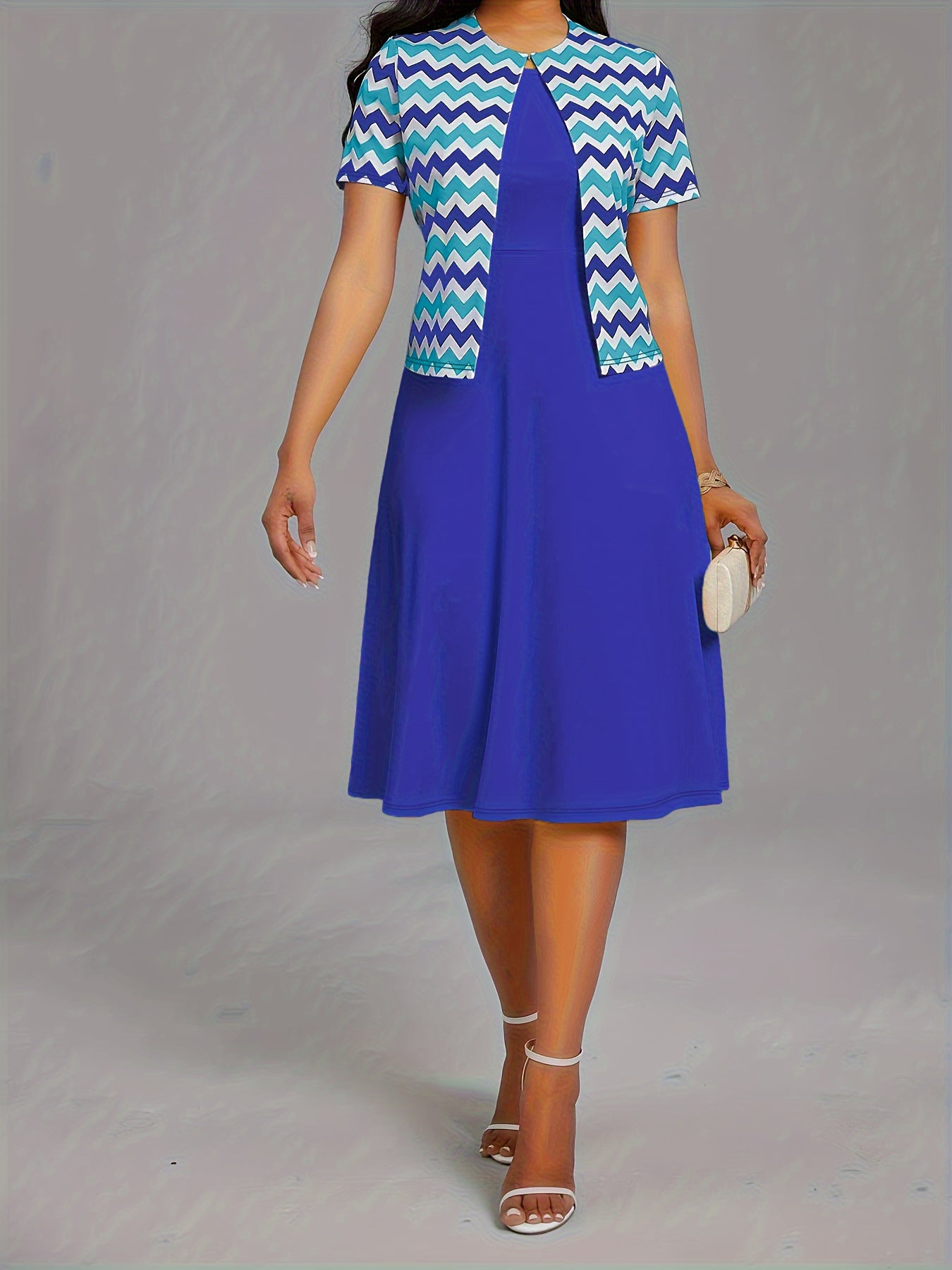 Chic Spring & Summer Dress Set - Stylish Wave Pattern Open Front Cardigan & Soft Solid Color Crew Neck Dress Outfit - Perfect for Casual Elegance