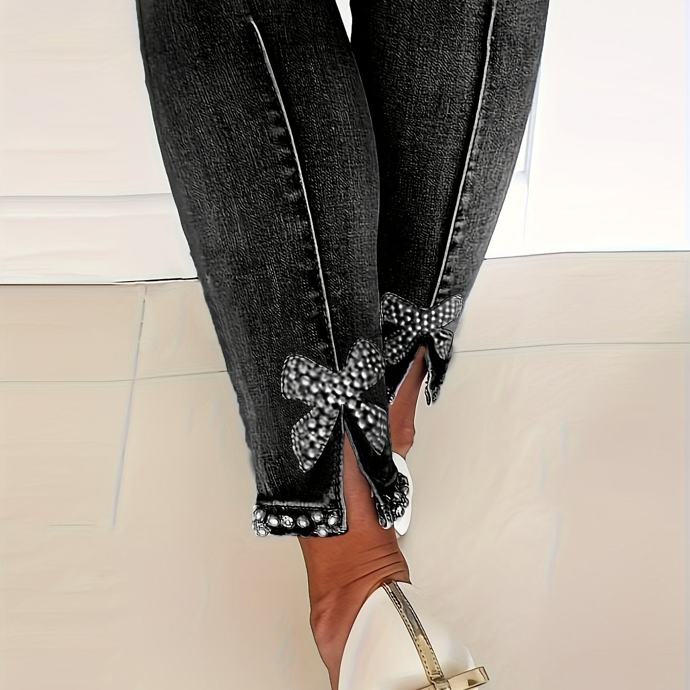 Blue High-Stretch Skinny Jeans, Faux Pearl Decor Slim Fit Split Denim Pants, Women's Denim Jeans & Clothing