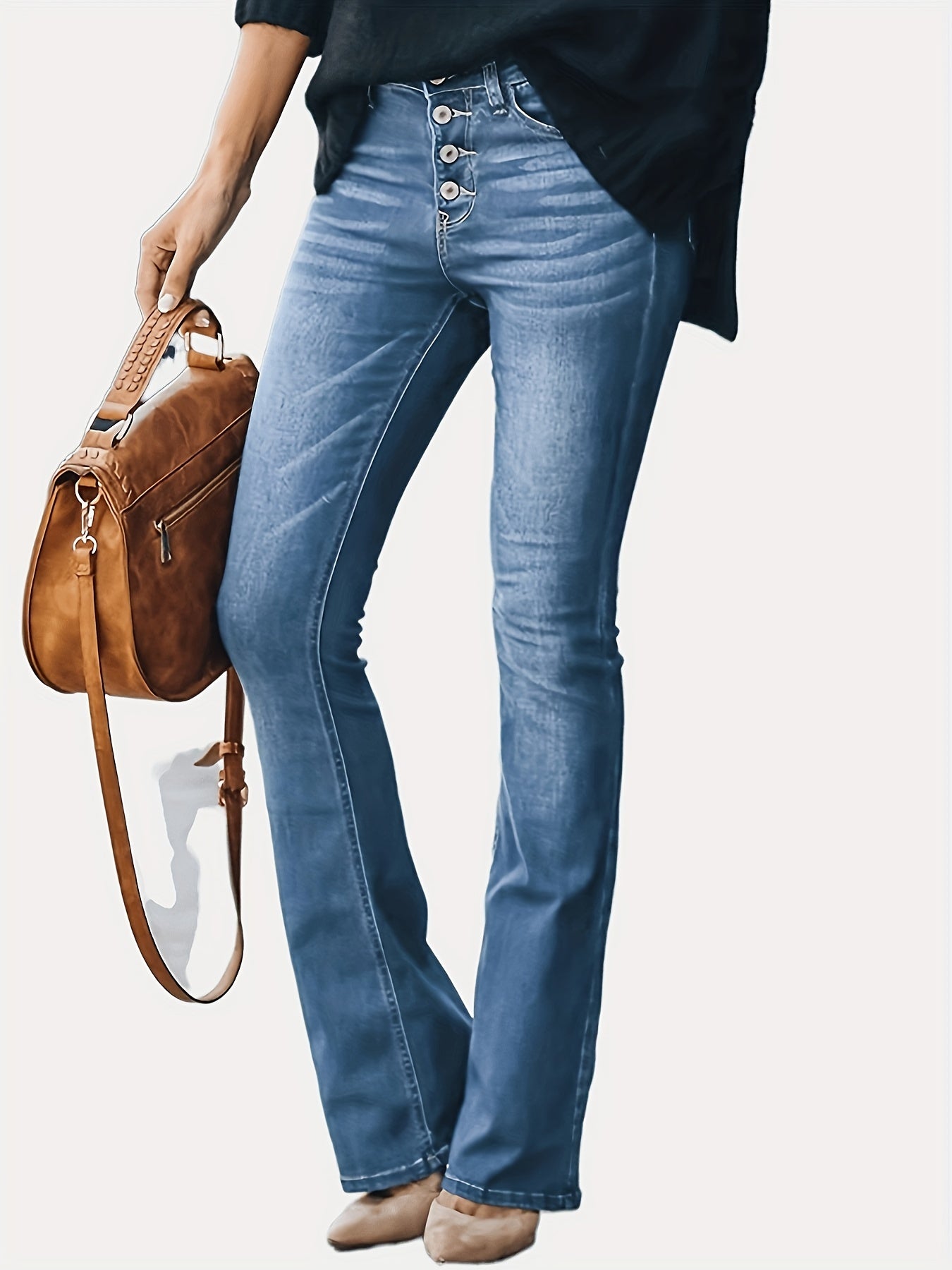 Chic Bootcut Stretch Denim Jeans - Dark Blue, All-Season Streetwear with Easy-Care and Comfort Fit