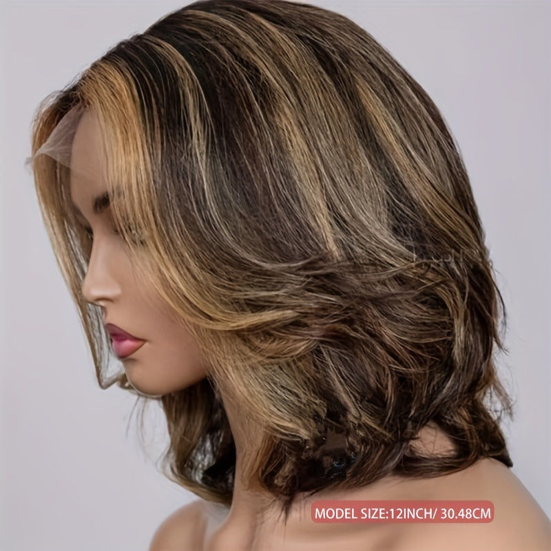 14" Ombre Body Wave Bob Lace Front Wig - 4x4 Highlighted Human Hair, 180% Density with Baby Hair, Elegant Short Wavy Style for Women, Natural Brown to Blonde Gradient, Perfect for Everyday or Special Occasions, Versatile Hair