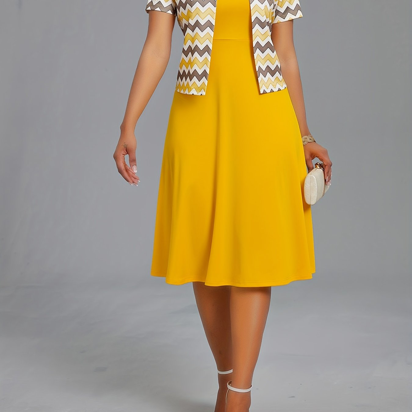 Chic Spring & Summer Dress Set - Stylish Wave Pattern Open Front Cardigan & Soft Solid Color Crew Neck Dress Outfit - Perfect for Casual Elegance