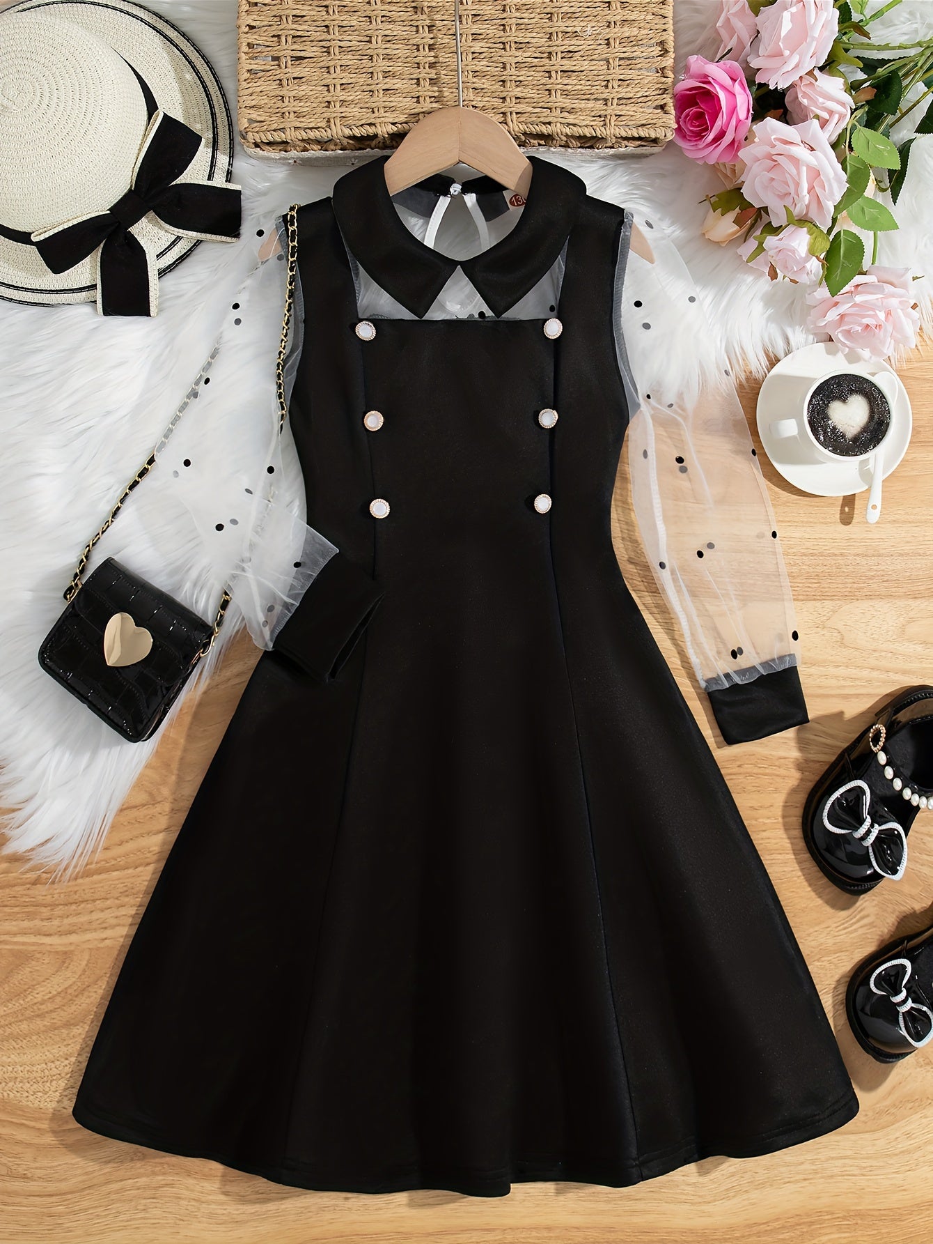 Midi Length Elegant Girls Long Sleeve Summer Dress - Lapel Collared, Mesh Panel, Flared Hem, Non-Stretch Polyester, Solid Color, Regular Fit - Perfect for Teenagers