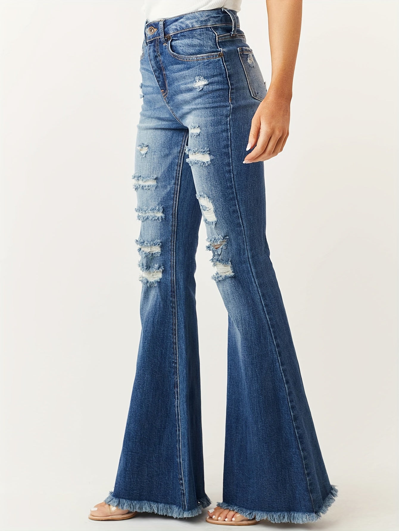 Fashionable Flared Leg Jeans - Ripped Detail & Raw Hem - Vintage Casual Style for Women