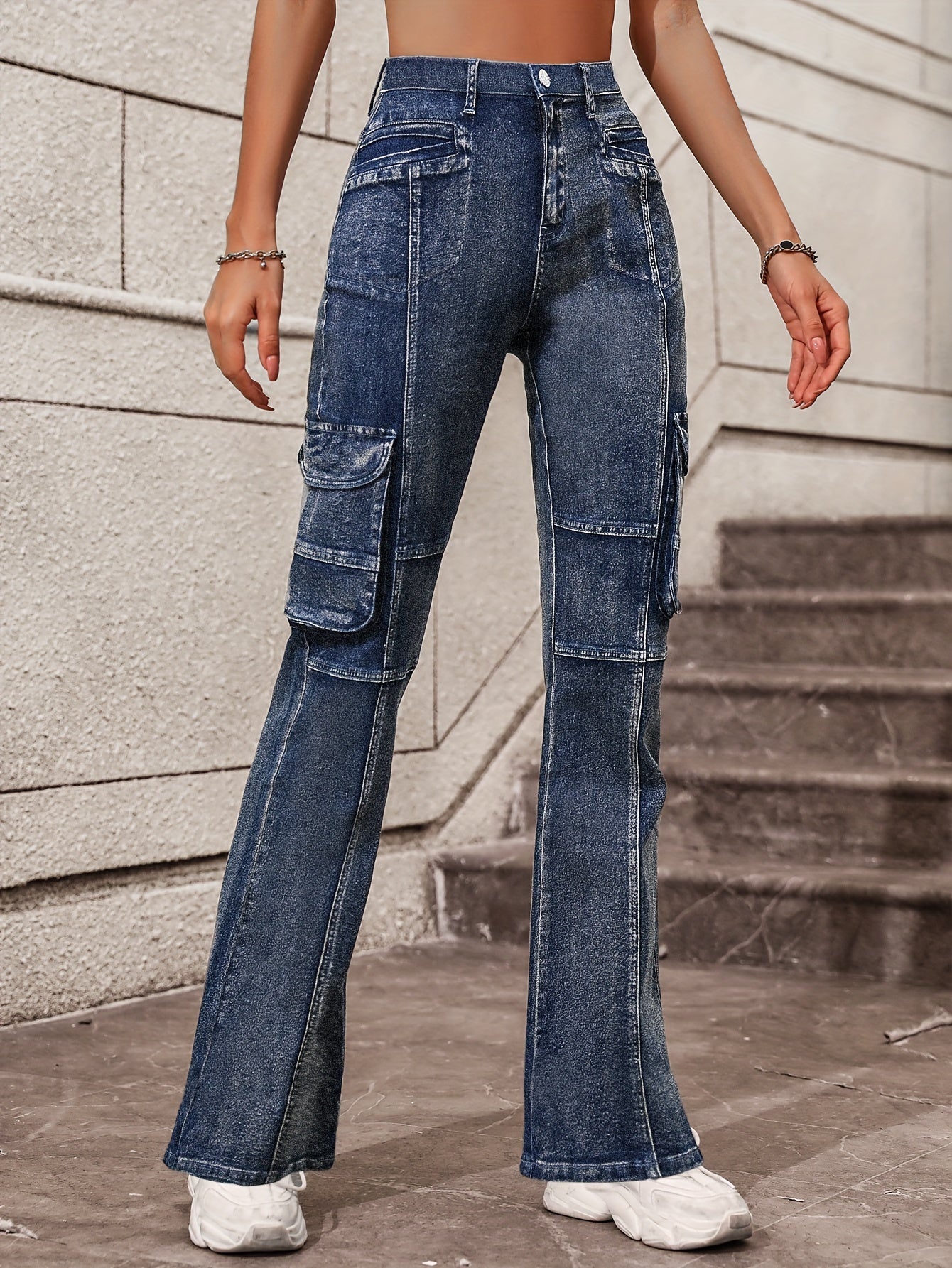 Blue Flap Pockets Cargo Pants, High Waist High-Stretch Y2K Style Pintuck Jeans, Women's Denim Jeans & Clothing