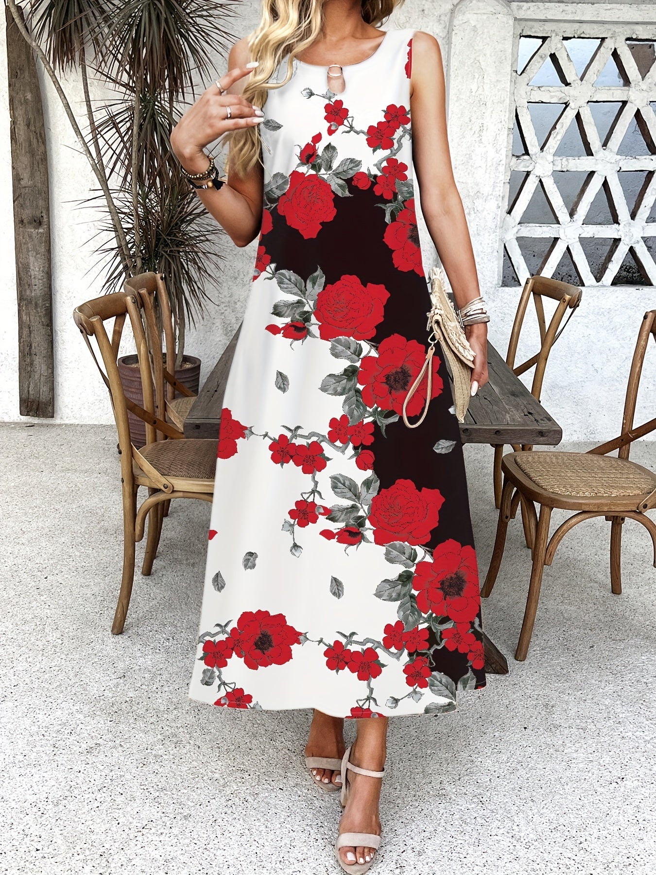 Summer Long Floral Print Pocket Waist Dress, Casual Women's Clothing, Swing Dresses