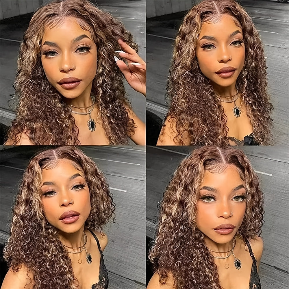 -Looking Human Hair Wig with 150% Density - Deep Wave/curly Bob with 13x4 Lace Front, Ombre Hair Color ( to Dark) | for all Light Beige Tones | Christmas Weddings Photoshoots | Suitable for all ethnic