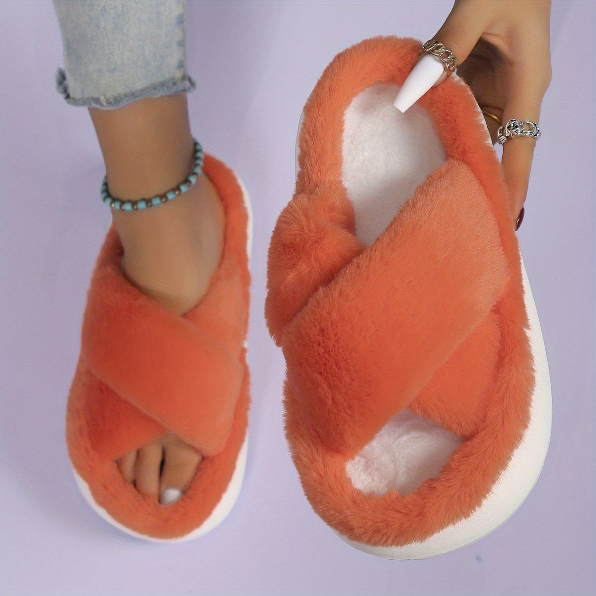 Women'S Plush Faux Fur Slippers with Thick EVA Sole - Soft Indoor House Shoes, All-Season Comfort, Slip-On Design & Fabric Lining for Home Lounge & Casual Wear, Comfy Shoes, Cozy Footwear, Stylish Footwear, Comfortable Footwe