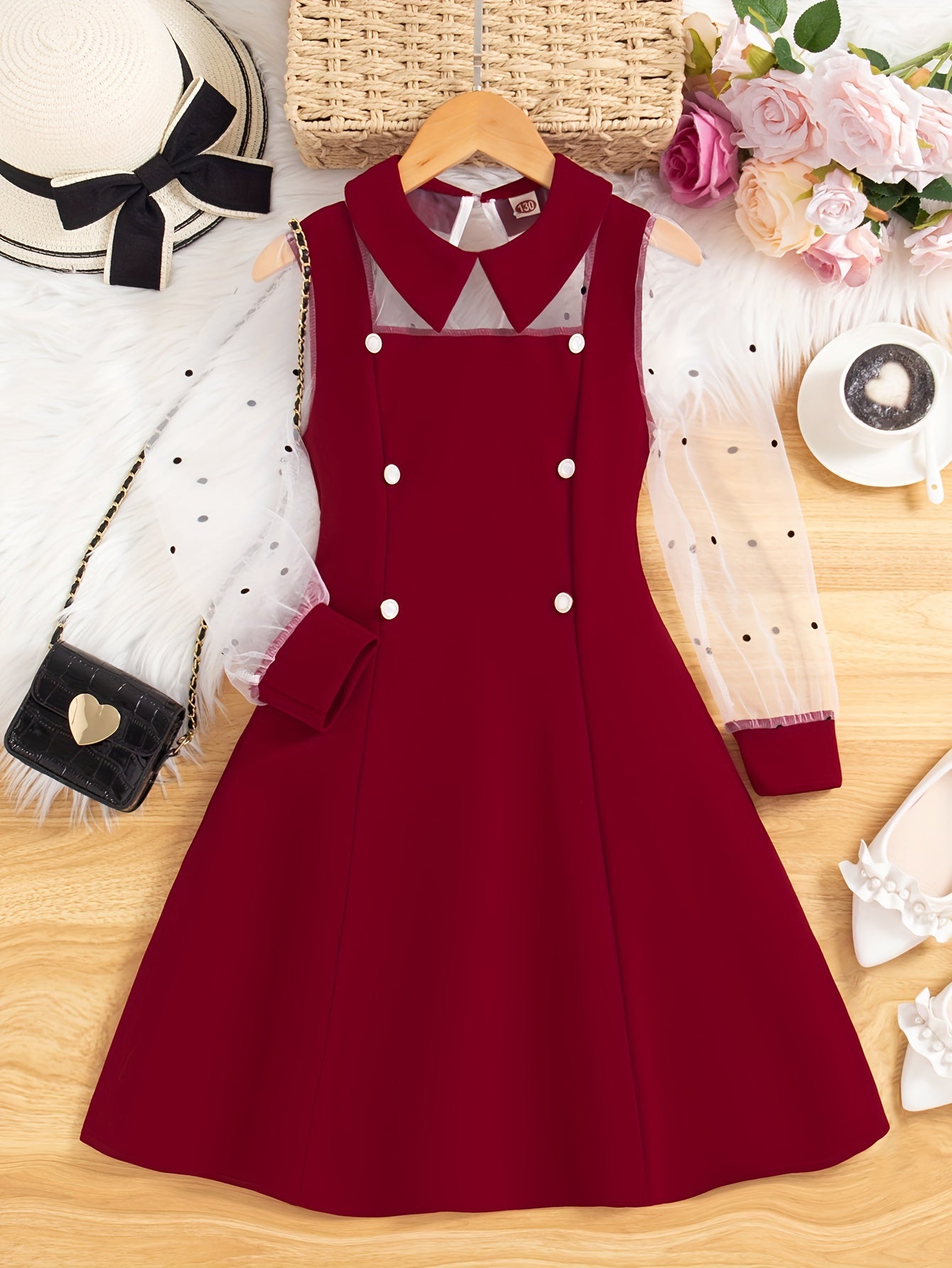 Midi Length Elegant Girls Long Sleeve Summer Dress - Lapel Collared, Mesh Panel, Flared Hem, Non-Stretch Polyester, Solid Color, Regular Fit - Perfect for Teenagers