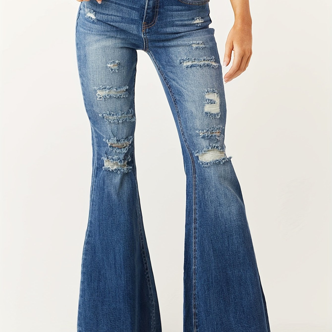 Fashionable Flared Leg Jeans - Ripped Detail & Raw Hem - Vintage Casual Style for Women