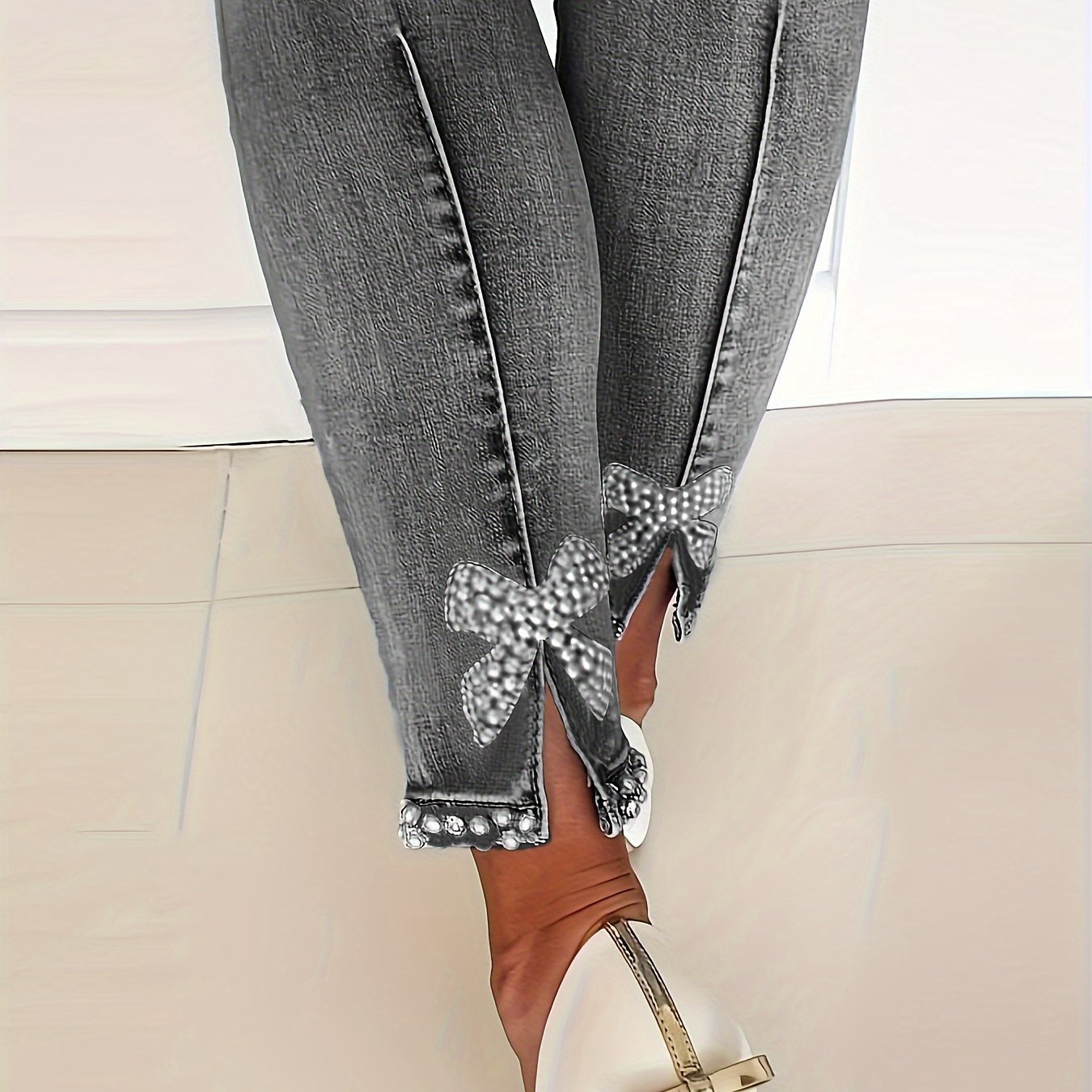 Blue High-Stretch Skinny Jeans, Faux Pearl Decor Slim Fit Split Denim Pants, Women's Denim Jeans & Clothing