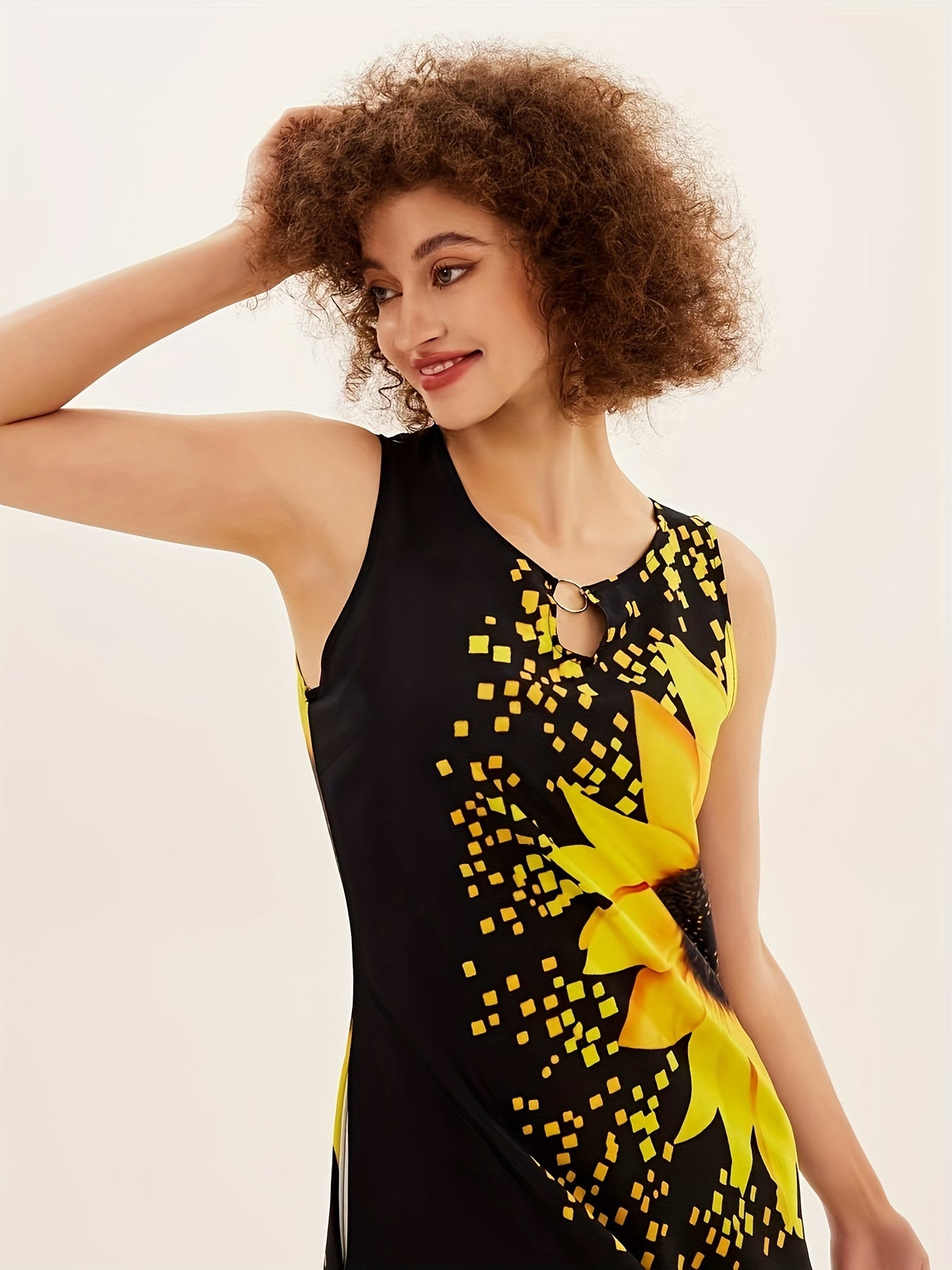 [Casual Keyhole Dress] Elegant Casual Sunflower Print Keyhole Dress | Women's Maxi Sleeveless Crew Neck Dress With Pocket