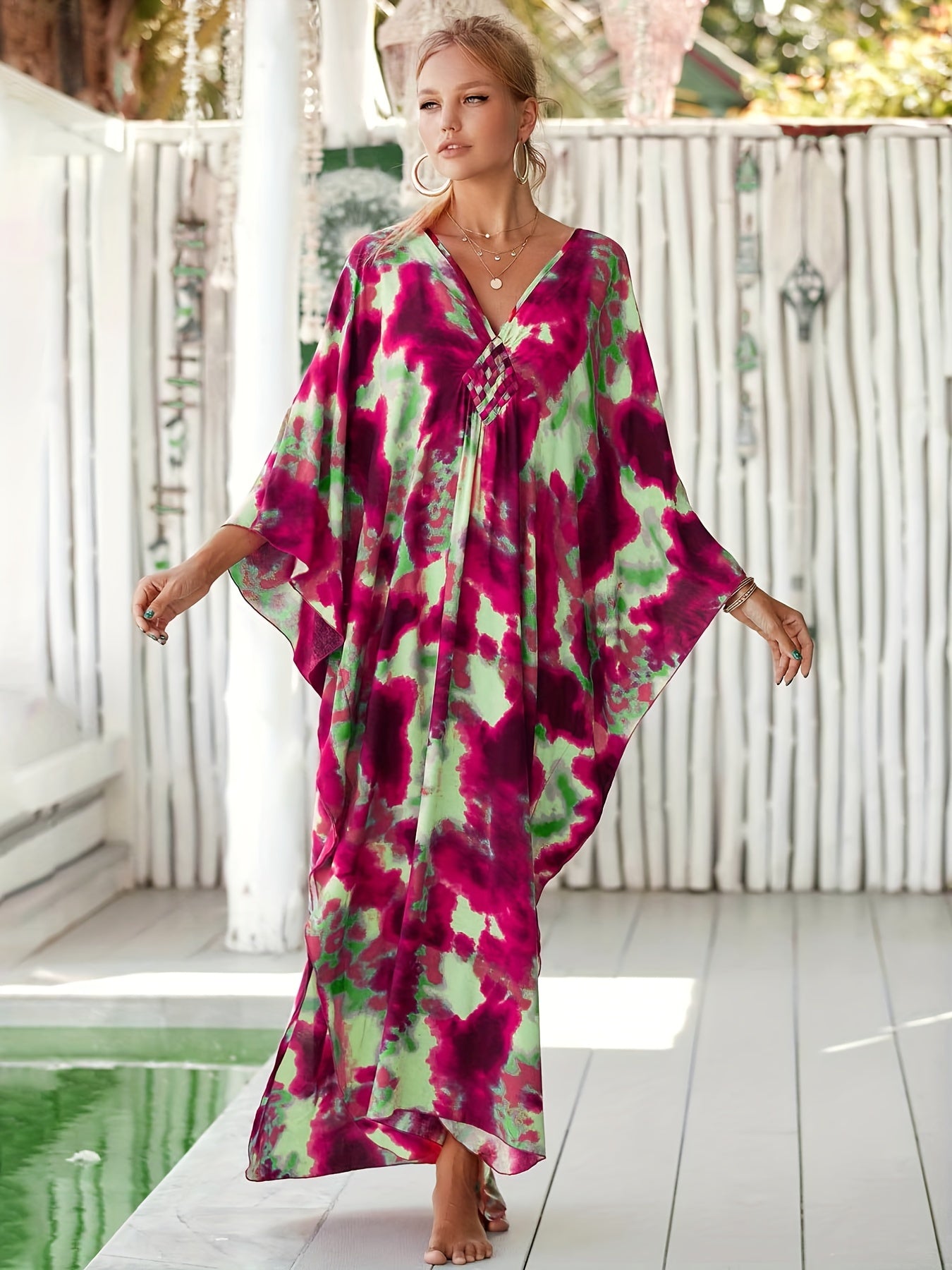 Women's Boho Printed V-Neck Beach Dress with Batwing Sleeves and Side Split - Loose Fit, Colorful Summer Maxi Kaftan for Vacation, Casual Summer Dress|Bohemian Style|Glossy Fabric